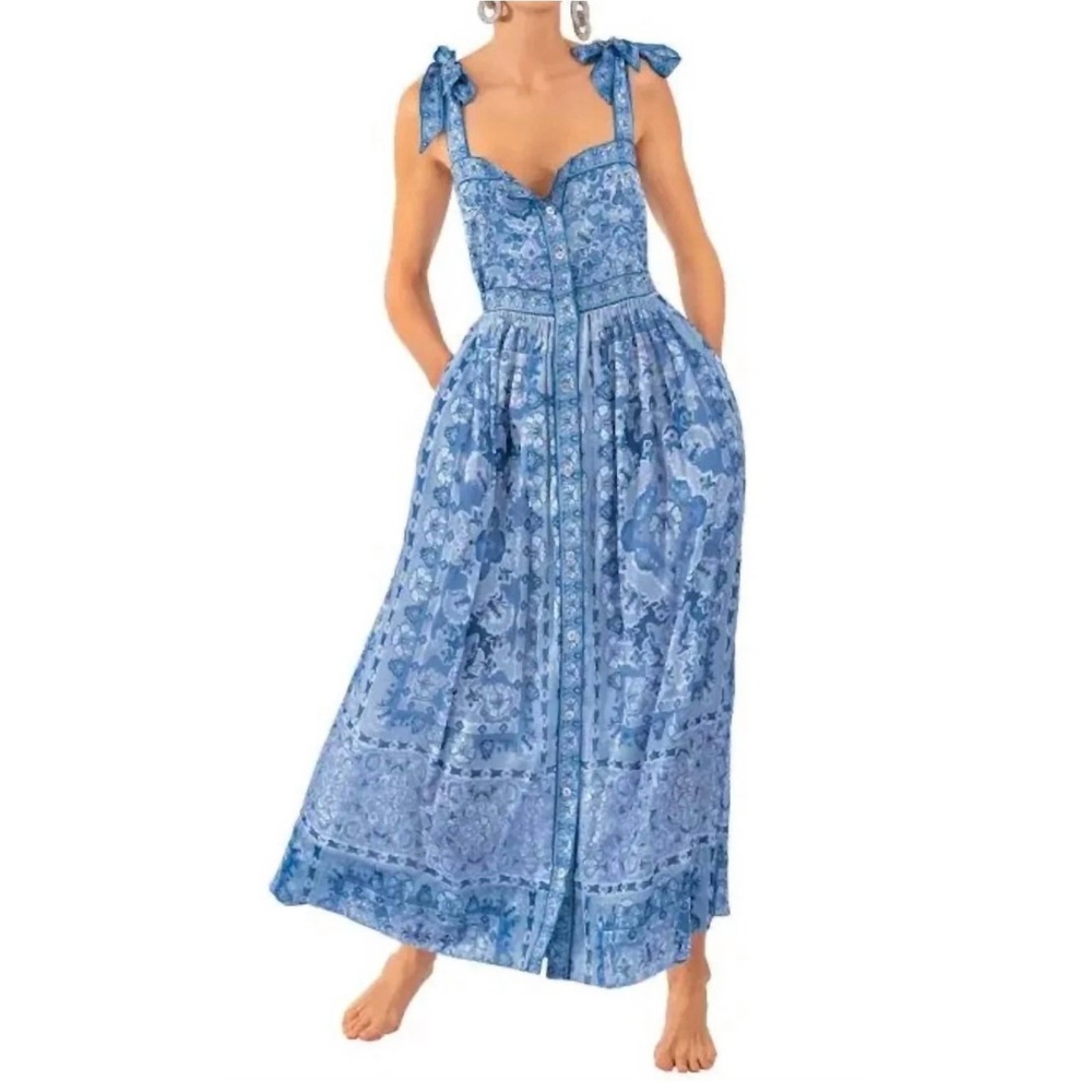 New With Tags Gretchen Scott Dress Blue Paisley Floral Tie Shoulder Midi M